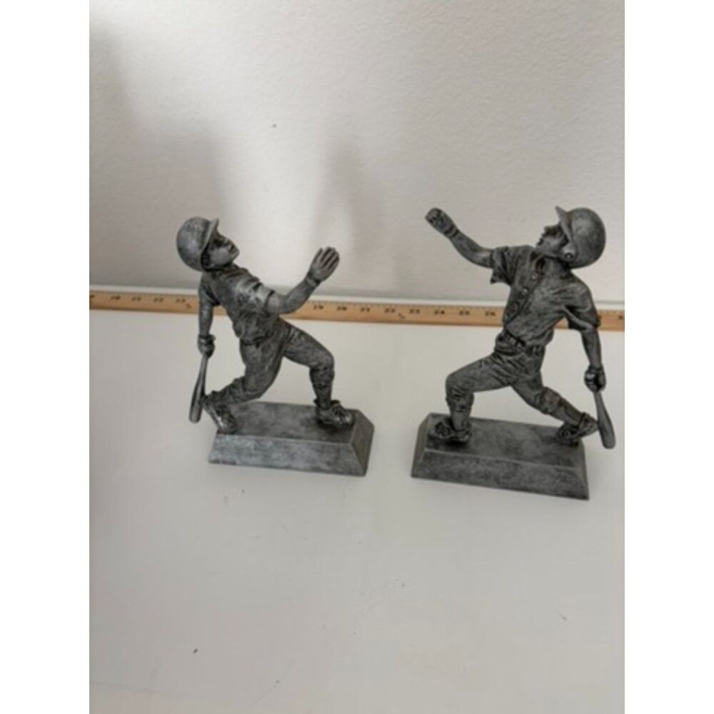 2 vtg silver toned resin baseball batter trophies